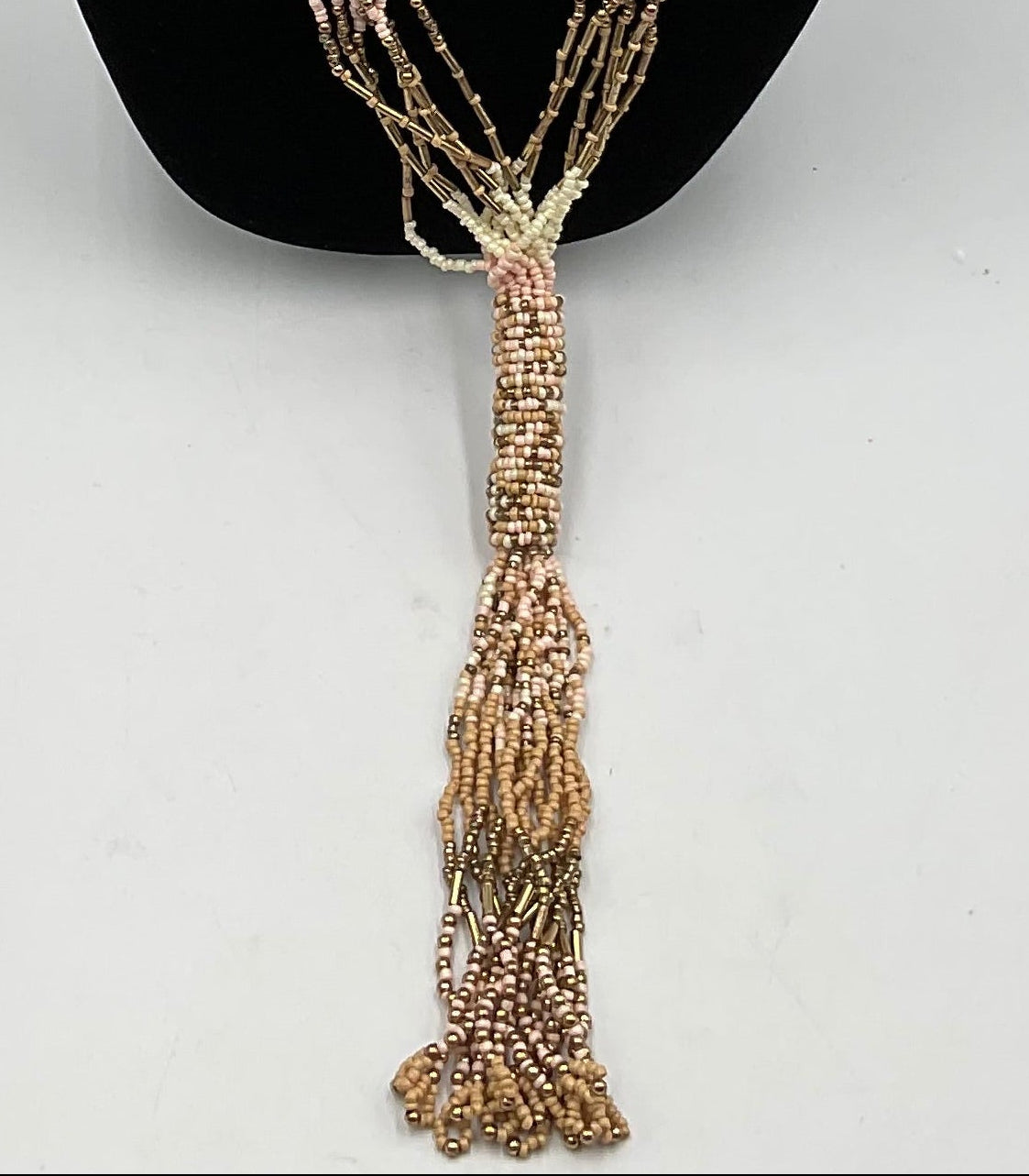 Long Dangling Tassel Necklace Tan Small Beaded Design Fashion Jewelry