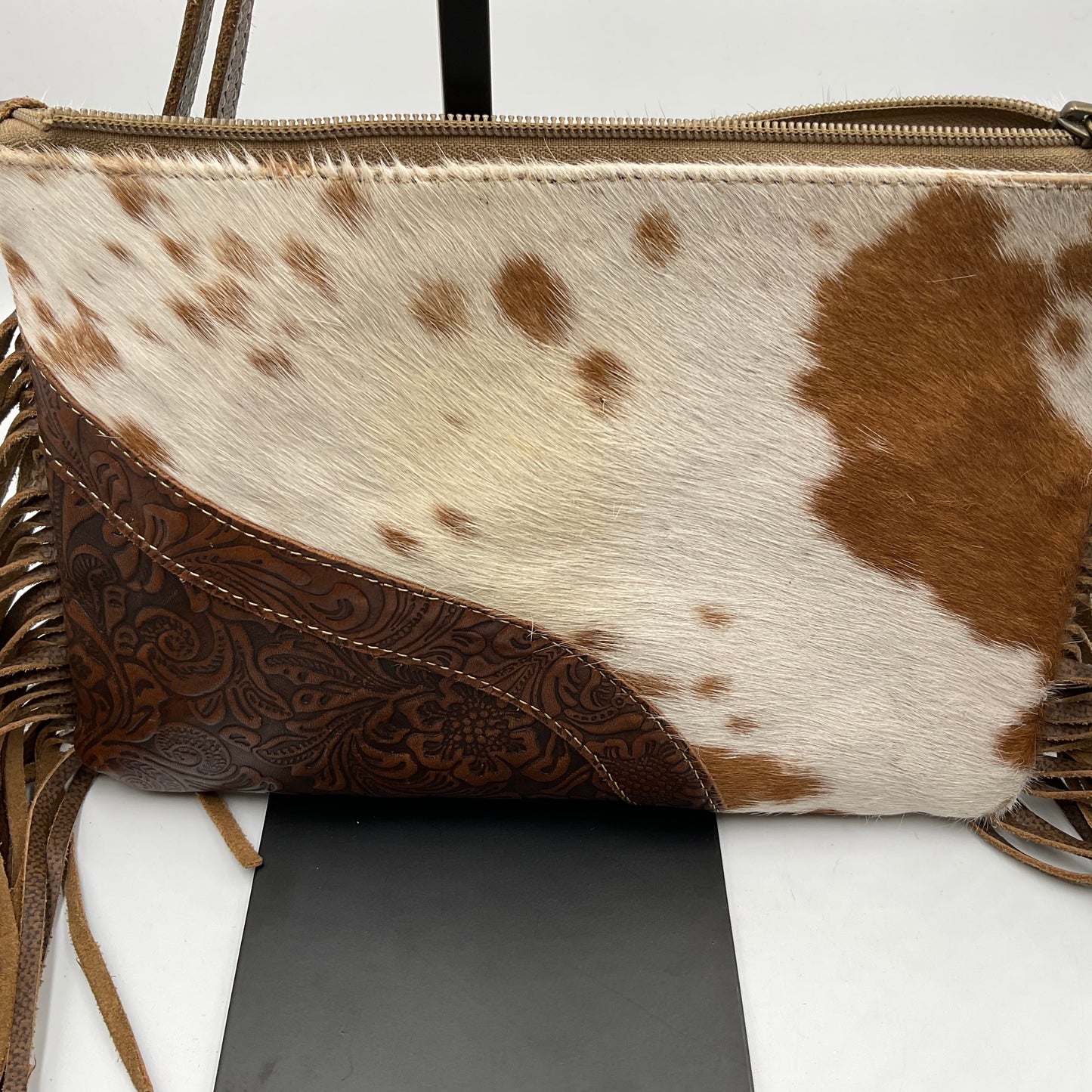 Myra Bag Cowhide White and Brown over the Shoulder Crossbody Purse.
