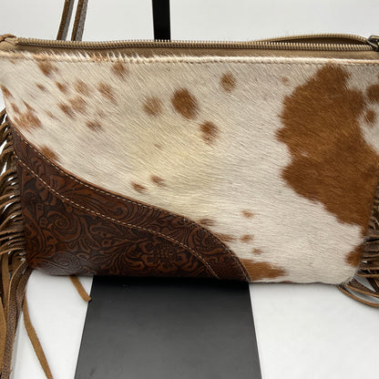 Myra Bag Cowhide White and Brown over the Shoulder Crossbody Purse.