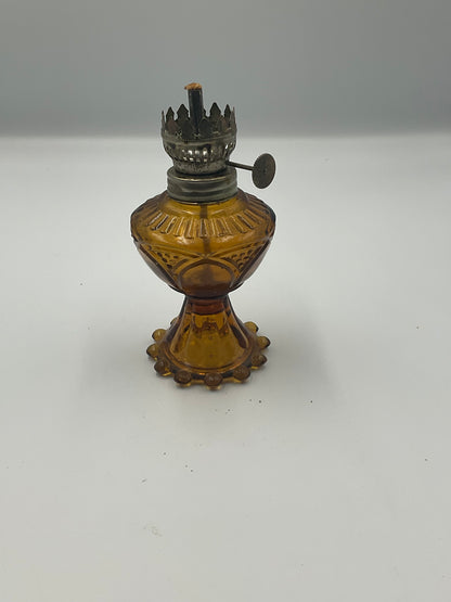 vintage amber pressed glass miniature oil lamp base and removable glass fuel reservoir