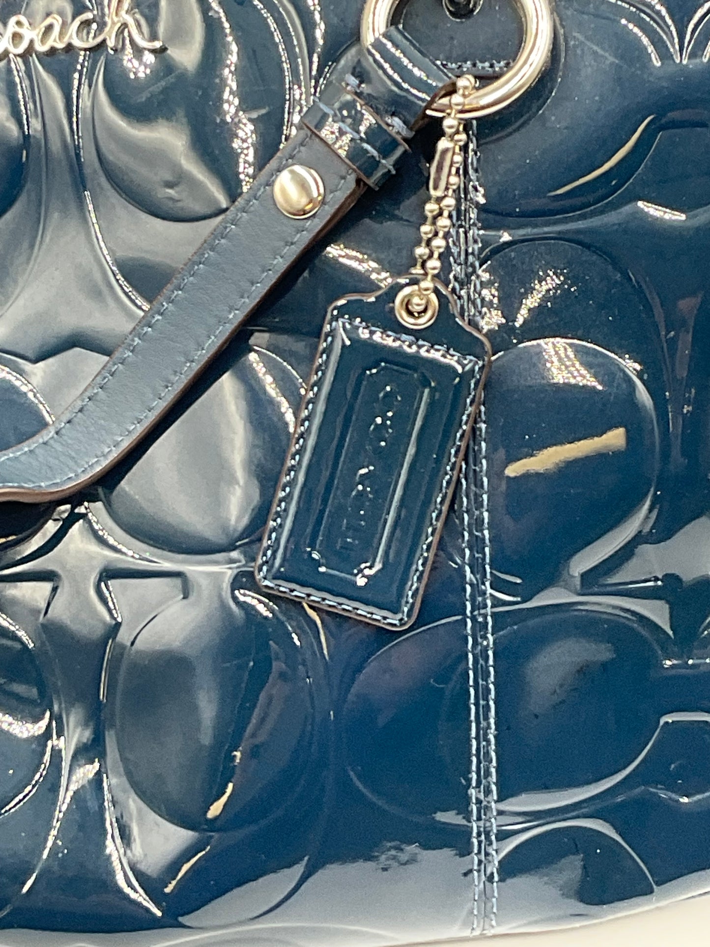 Coach Dark Teal Patent Leather Tote Silvertone Hardware Accents