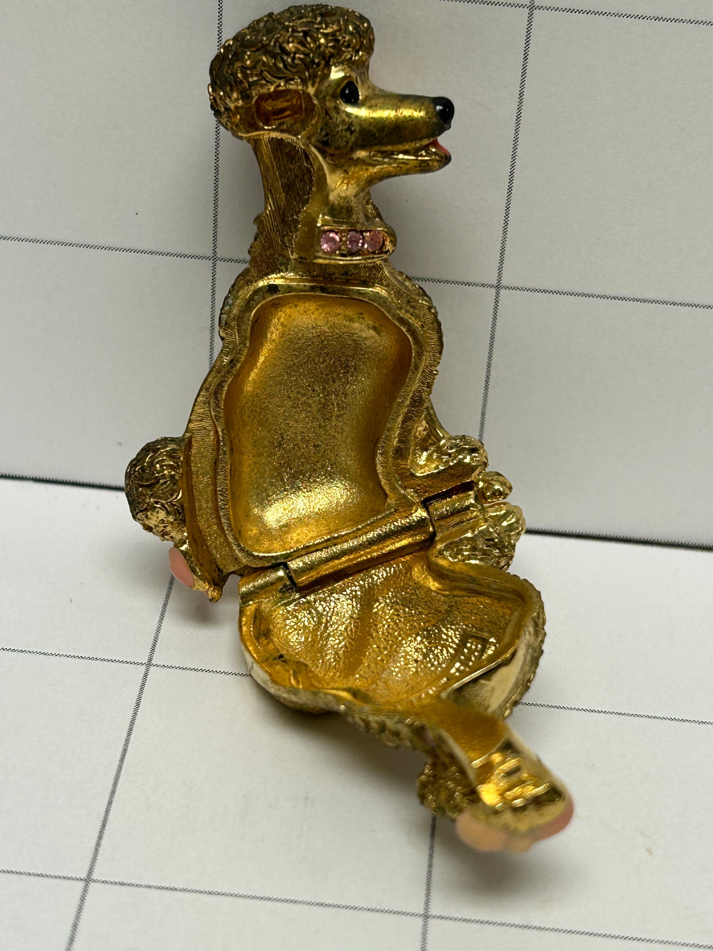 Estee Lauder Vintage 1990s Dazzling Solid Gold-Tone Petite French Poodle Dog Perfume Compact Empty