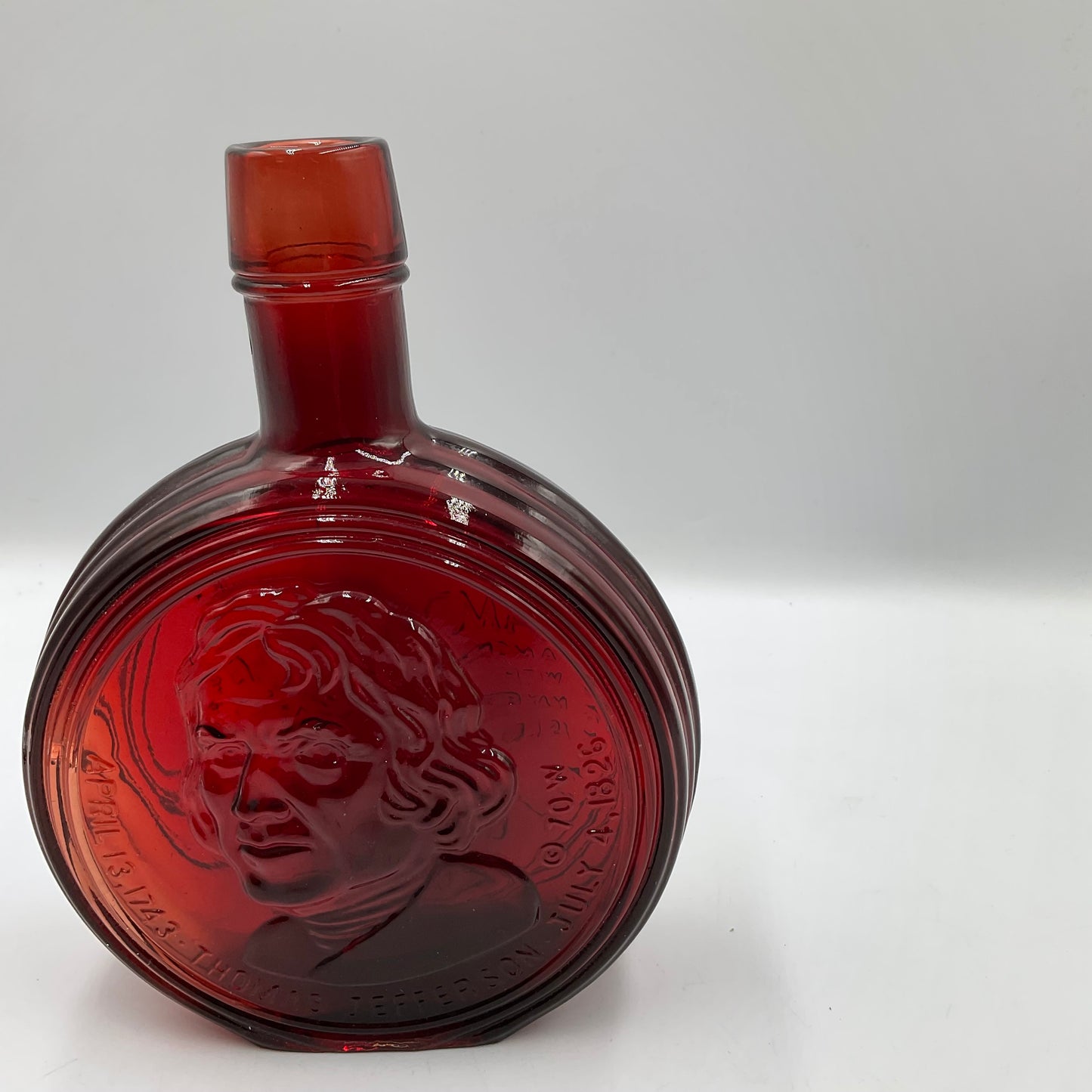 Vintage Wheaton Ruby Red Portrait of Thomas Jefferson Carnival Glass Bottle