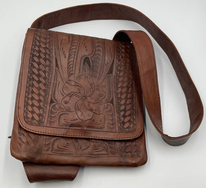 Leaders in Leather Brown Hand Tooled Leather Western Crossbody Messenger Bag