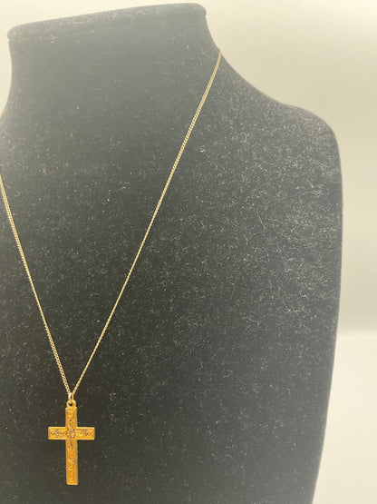 yellow gold-tone engraved Latin cross pendant necklace