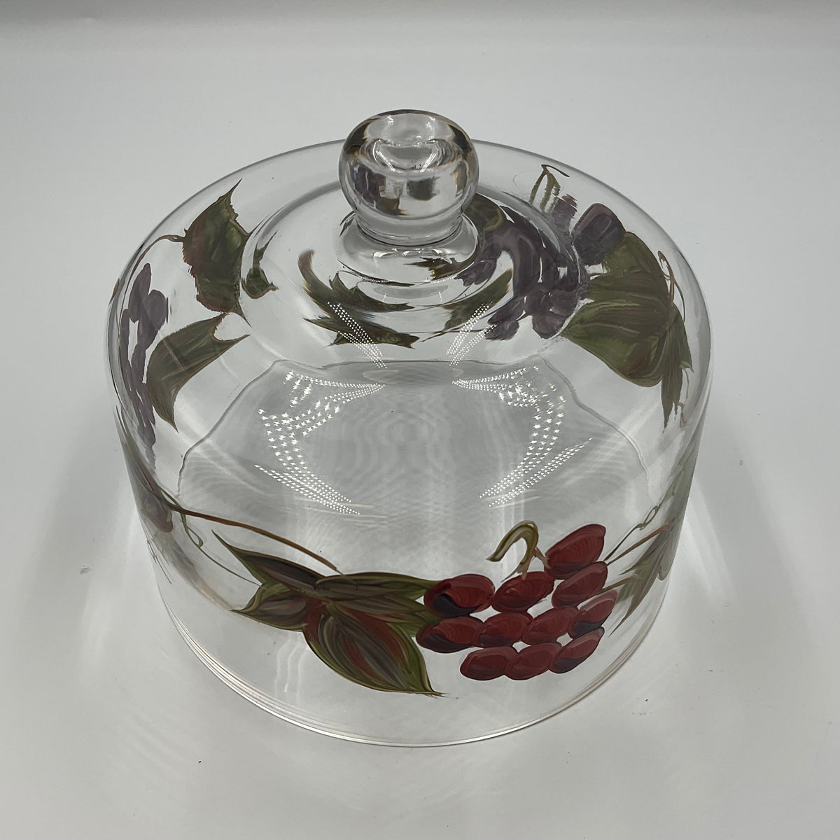 Vintage Hand Painted Glass Cheese Dome Cloche Grape Vine Fruit Design