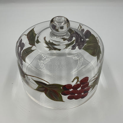 Vintage Hand Painted Glass Cheese Dome Cloche Grape Vine Fruit Design