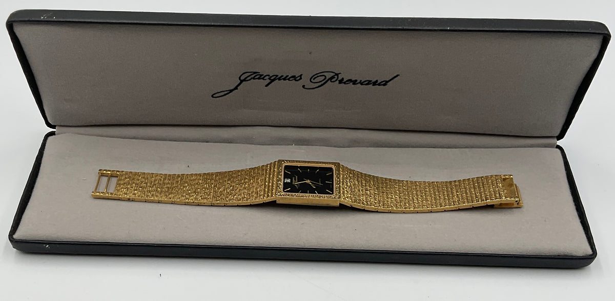 Jacques Prevard Gold Tone Rectangular Black Dial Wristwatch w/ Orginal Box