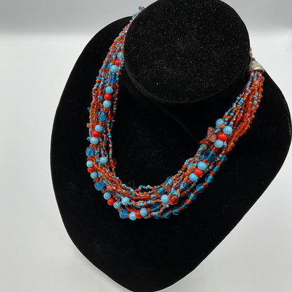 Red Blue Long Beaded Necklace