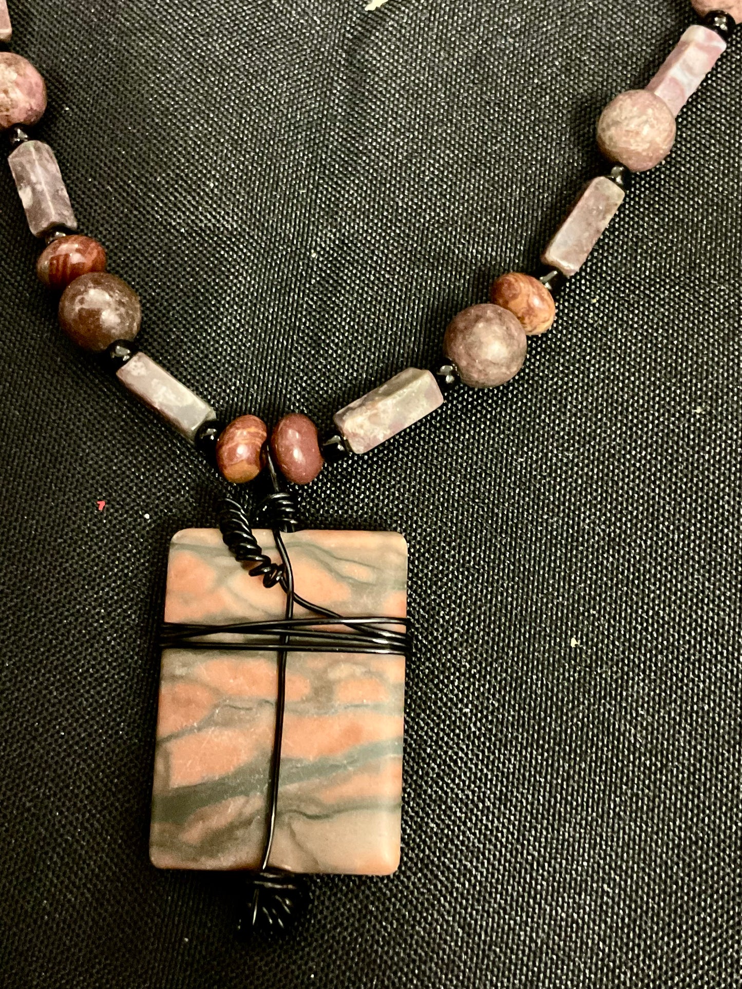 Beaded Necklace with Wired Rectangular Stone Pendant