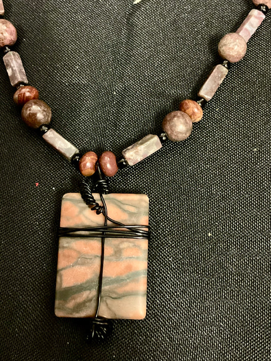 Beaded Necklace with Wired Rectangular Stone Pendant