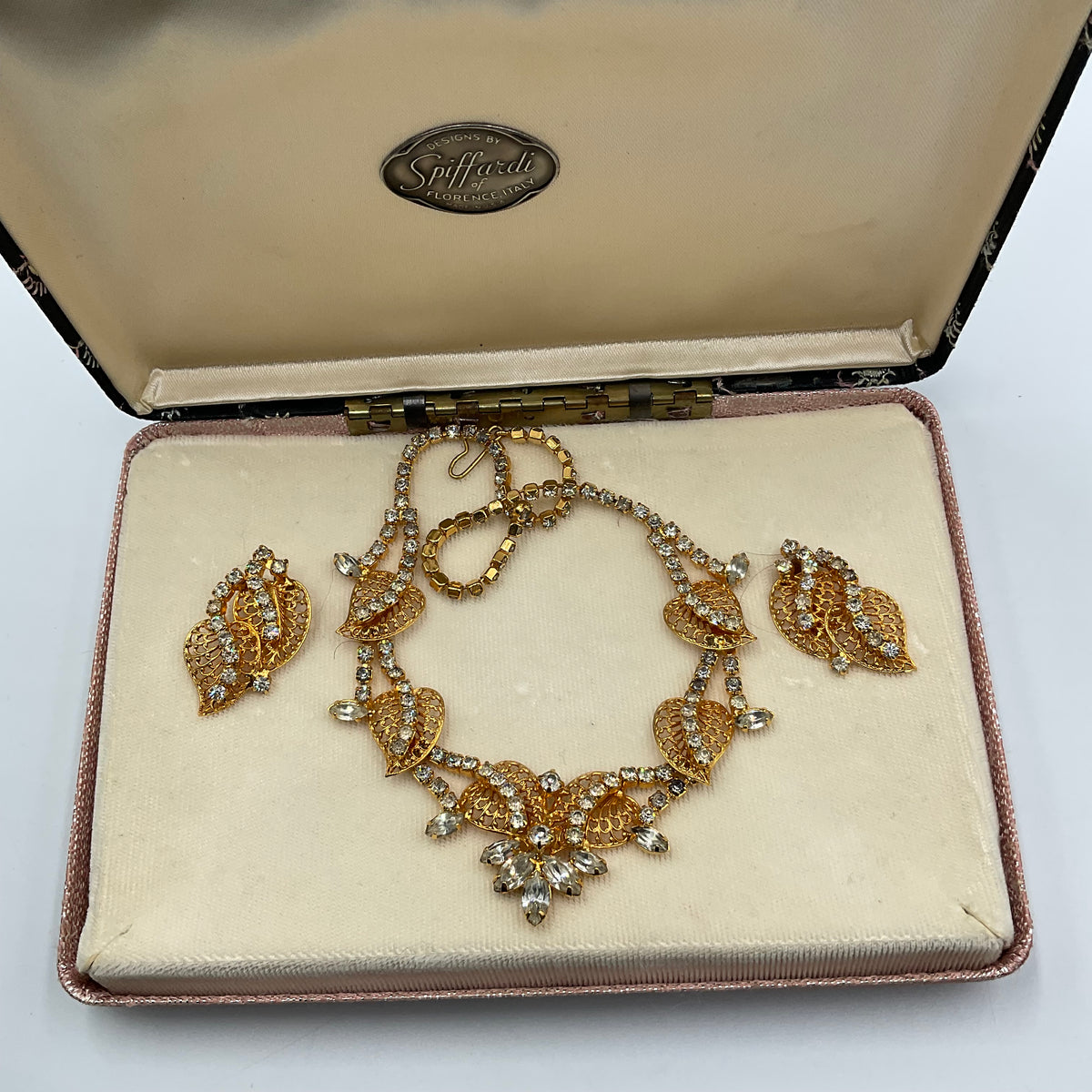 Gold Tone Rhinestone Leaf Necklace And Earrings”Spiffardi  of Florence Of Italy”