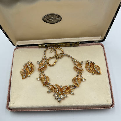Gold Tone Rhinestone Leaf Necklace And Earrings”Spiffardi  of Florence Of Italy”