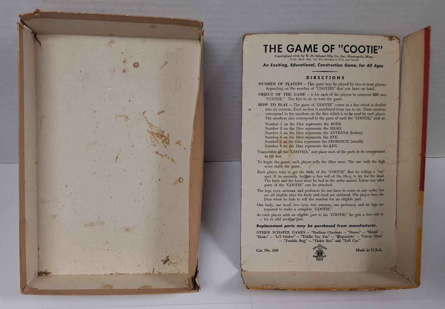 The Game of Cootie Vintage 1949 Build A Bug Board Game Original Box 1950s Edition