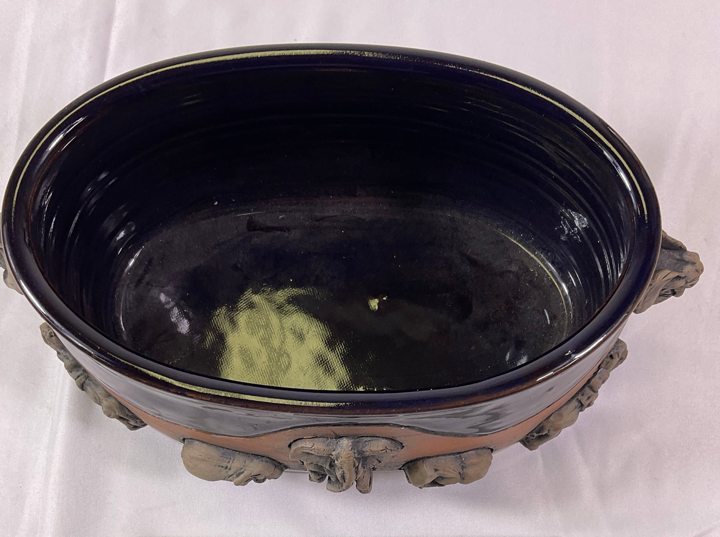 Leland G Shaw Studio Artist Signed High Relief Terra Cota Art Hand-Sculpted Elephants Warriors Planter Pot