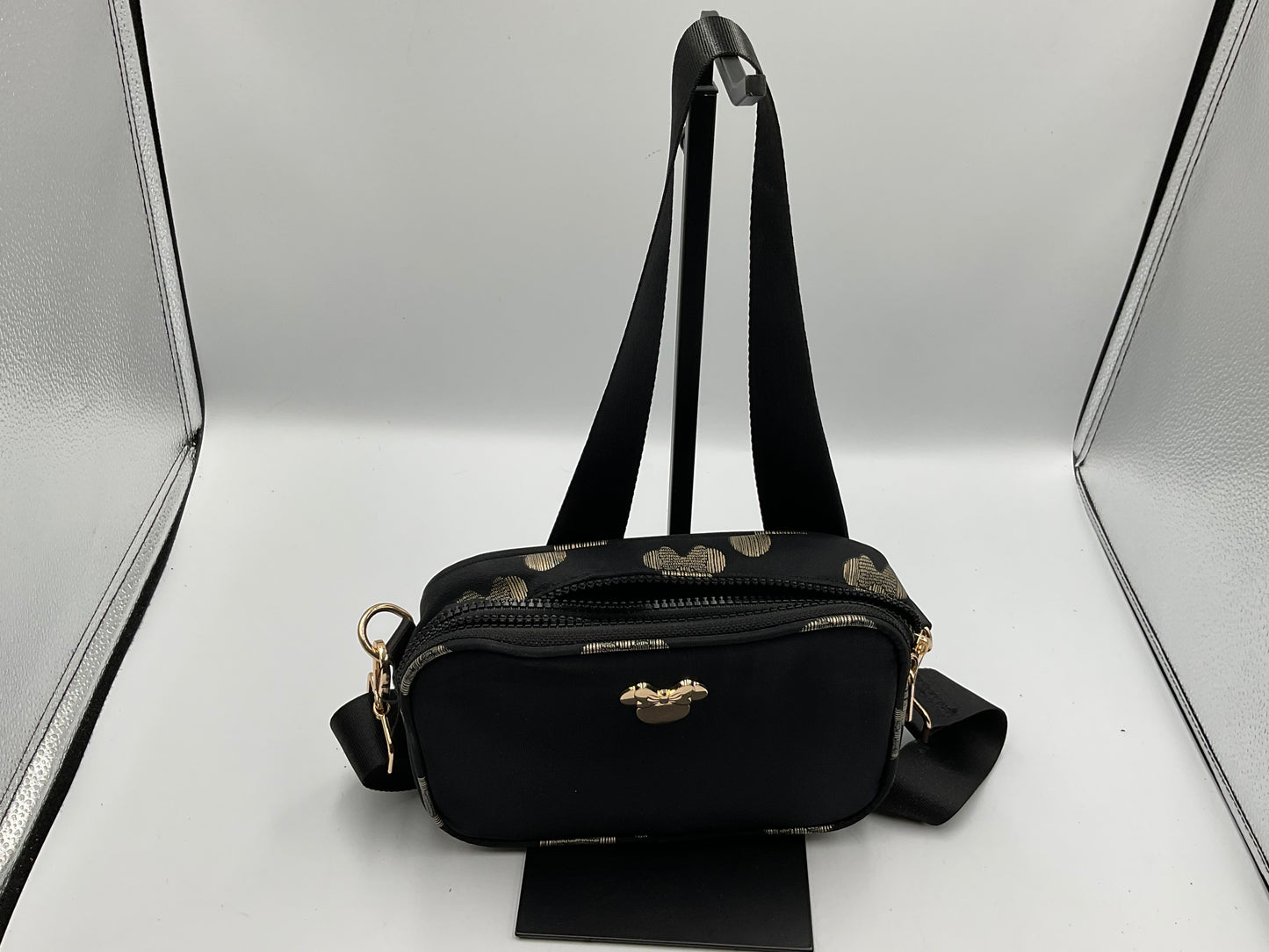 Disney Minnie Mouse Black And Gold Zipper Crossbody Belt Bag