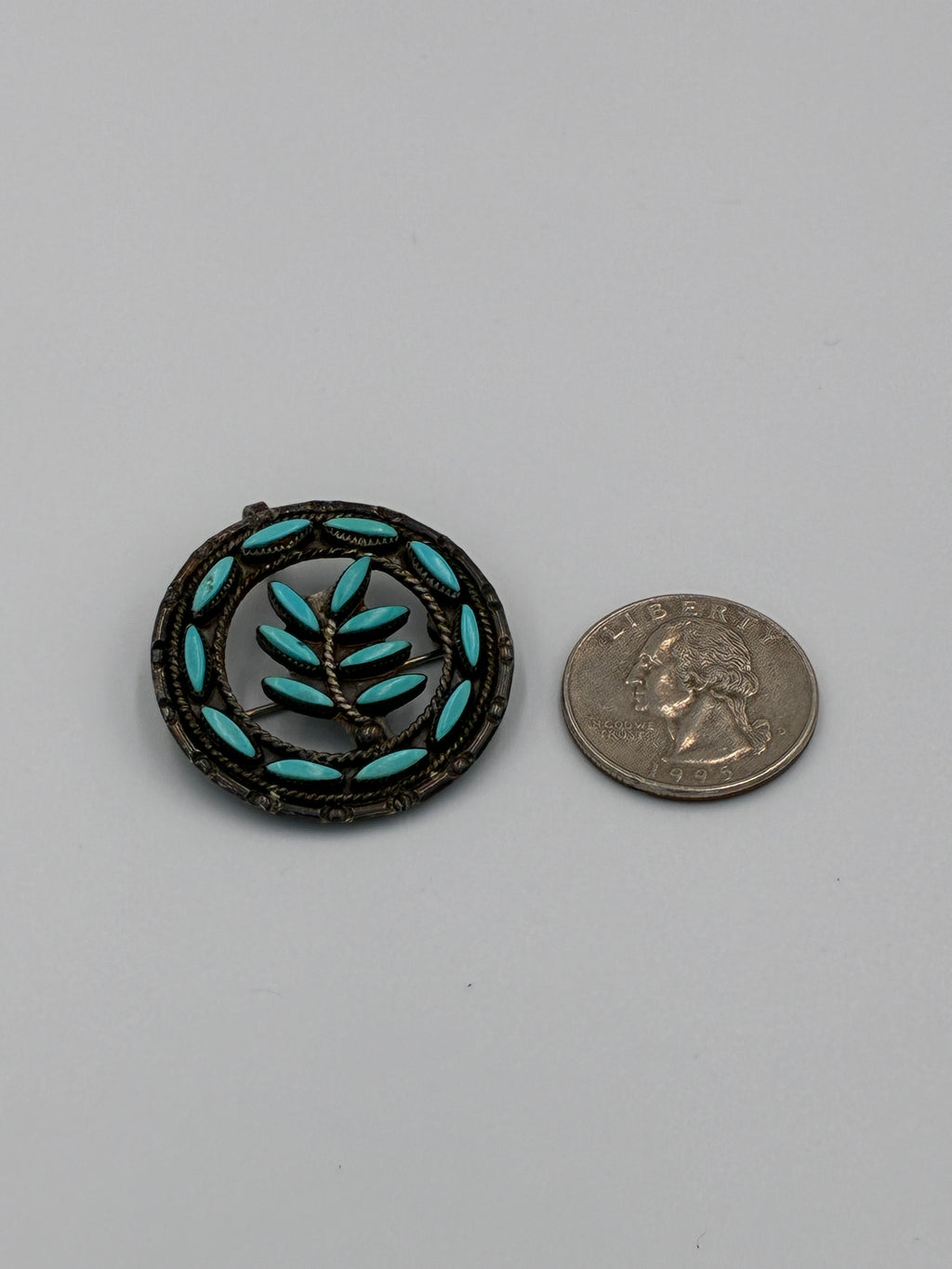 Vintage Zuni Native American Sterling Turquoise Needlepoint Pin Signed