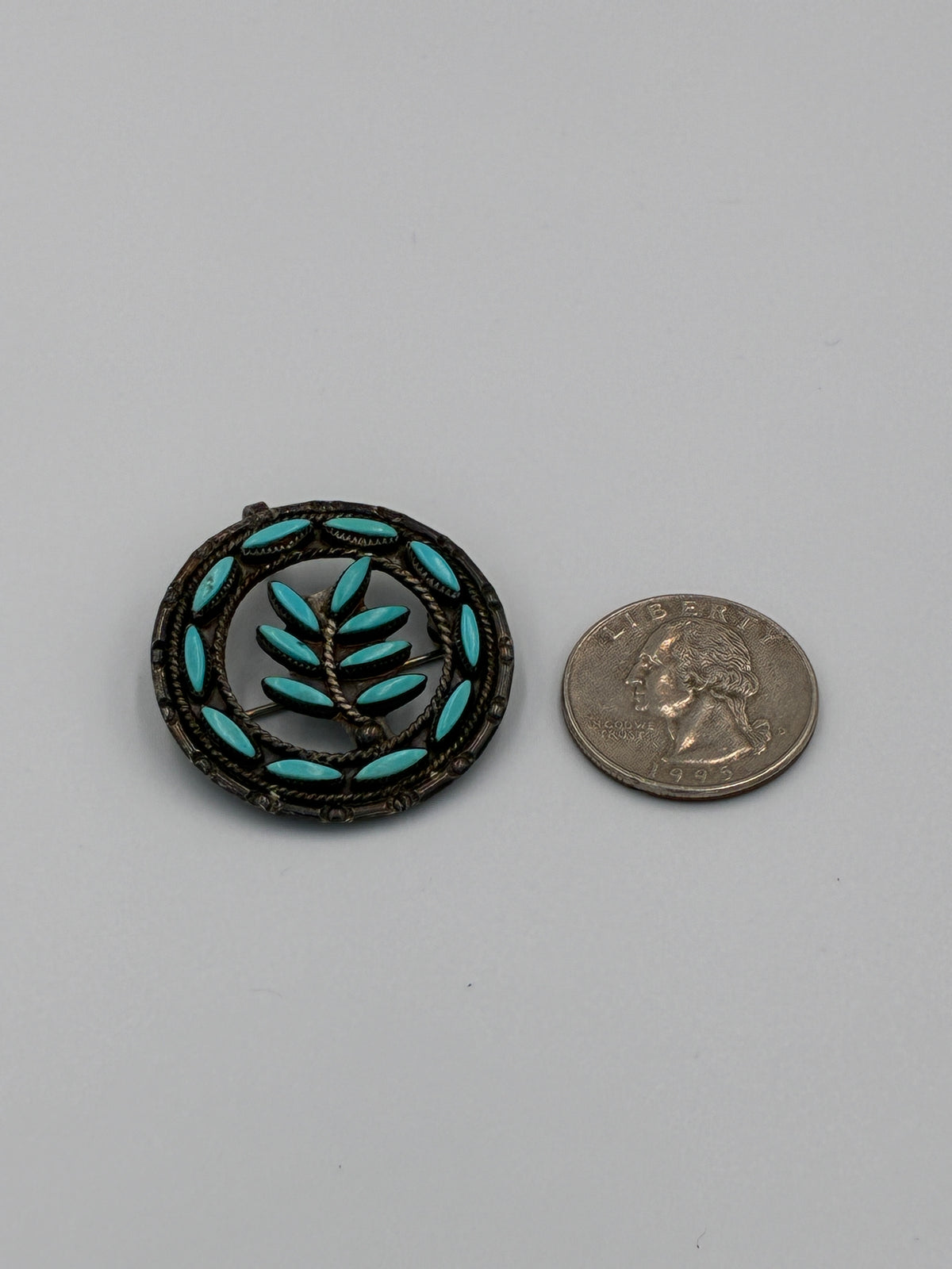 Vintage Zuni Native American Sterling Turquoise Needlepoint Pin Signed