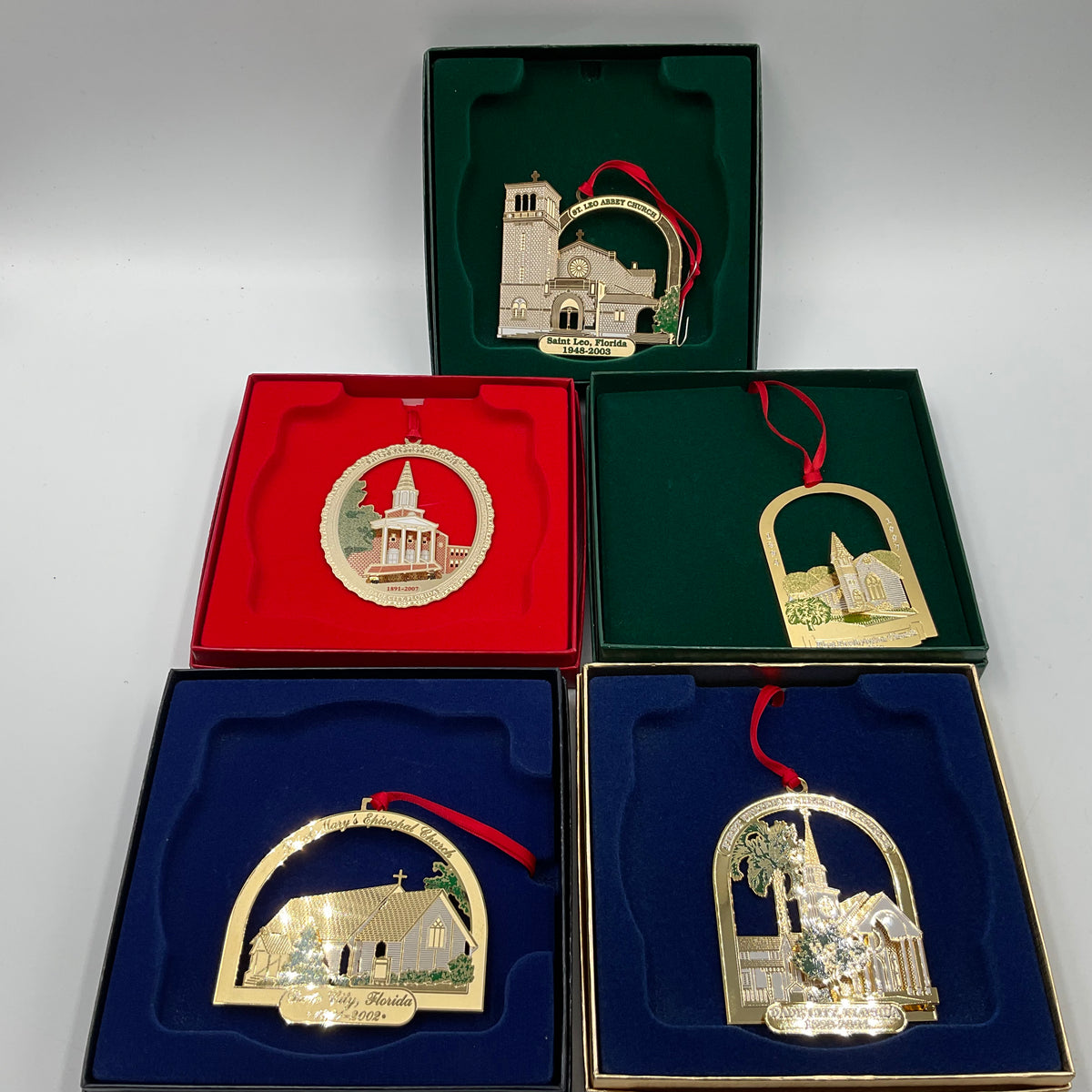 Commemorative Set Of 5 Holiday Ornaments St.Leo Abbey Church,First United Methodist Church, First Presbyterian Church Dade City, Saint Mary’s Church, And First Baptist Church