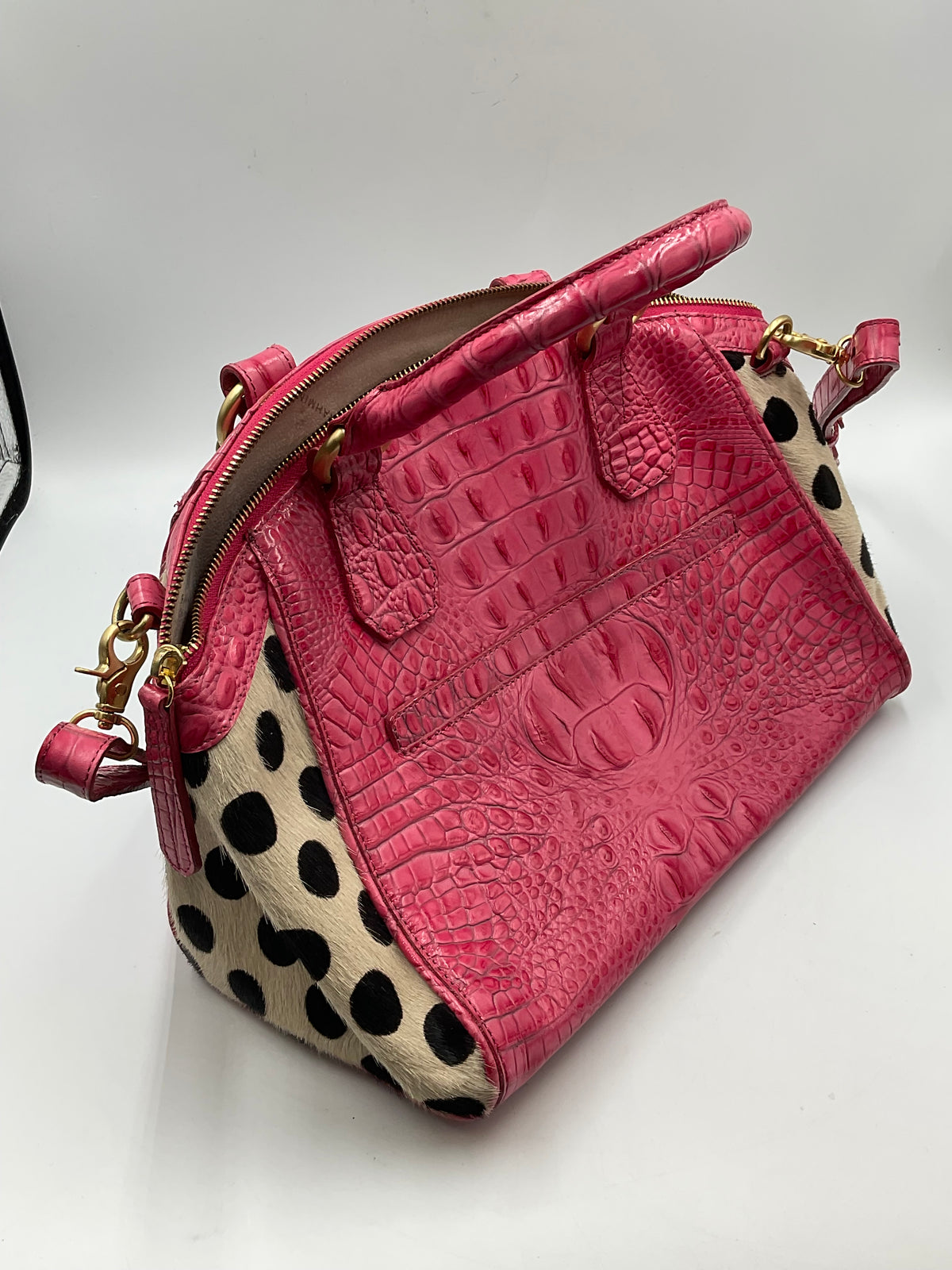 SPA-Purses MEDIUM Brahmin Hot Pink Croc Embossed Leather Satchel Handbag Polka Dot Calf Hair Accents Crossbody Bag