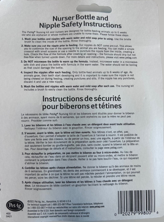 Pet-Ag Nursing Kit for Small Animals 2 oz Bottle Cap 5 Nipples Cleaning Brush New in Box Sealed