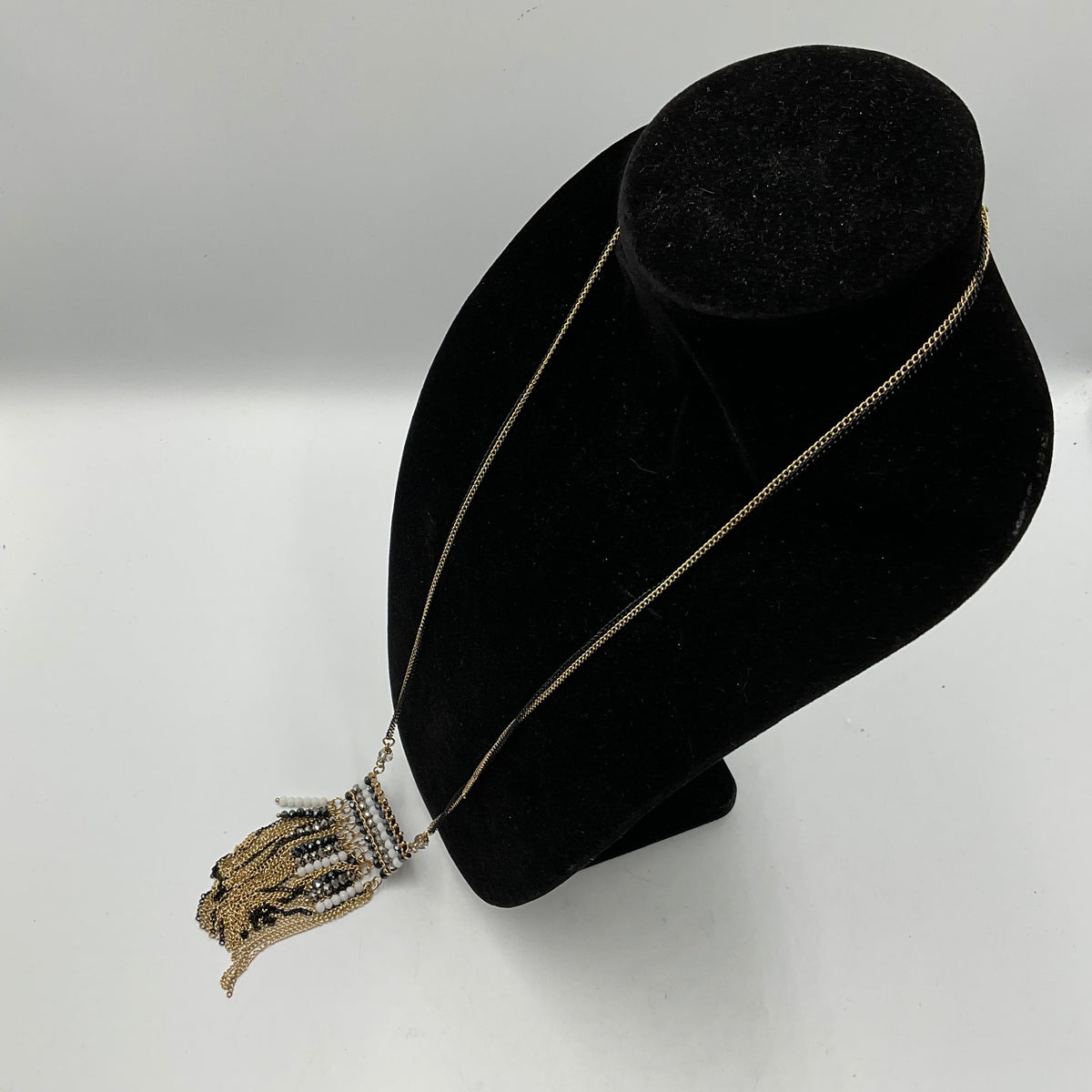 Goldtone Black Accent Dangling Tassel Pendant Necklace Fashion Jewelry