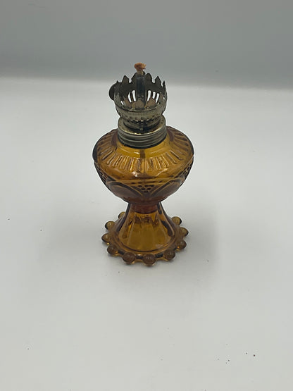 vintage amber pressed glass miniature oil lamp base and removable glass fuel reservoir