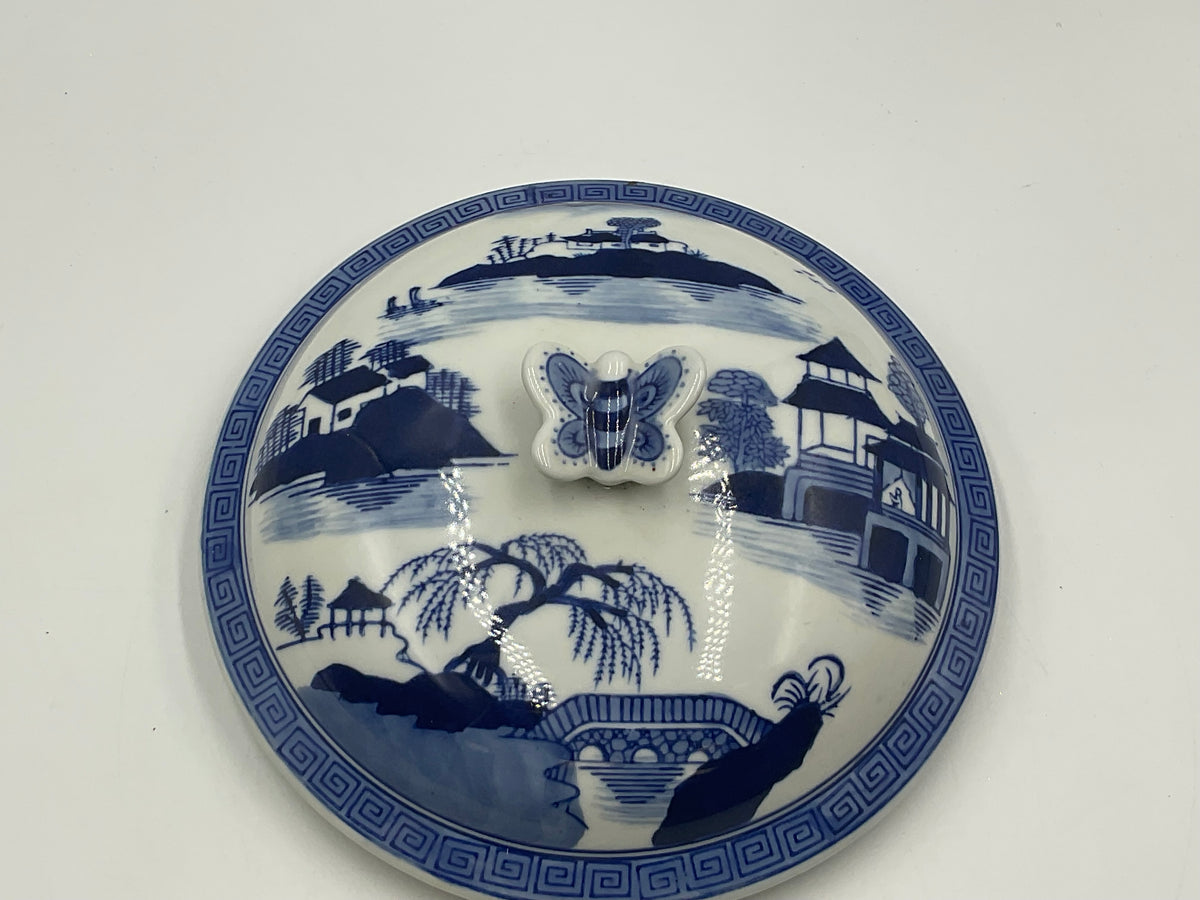 Blue and White Porcelain Lidded Soup Tureen Butterfly Handle Chinoiserie