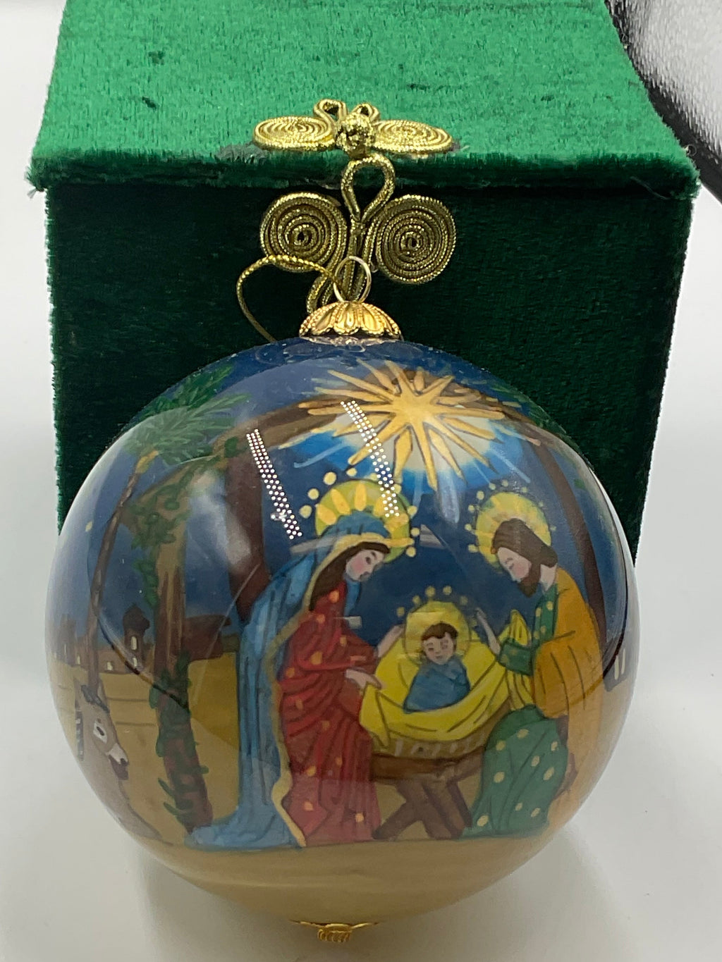 Pier 1 Li Bien Nativity Christmas Ornament Hand Painted Inside Glass Green Box