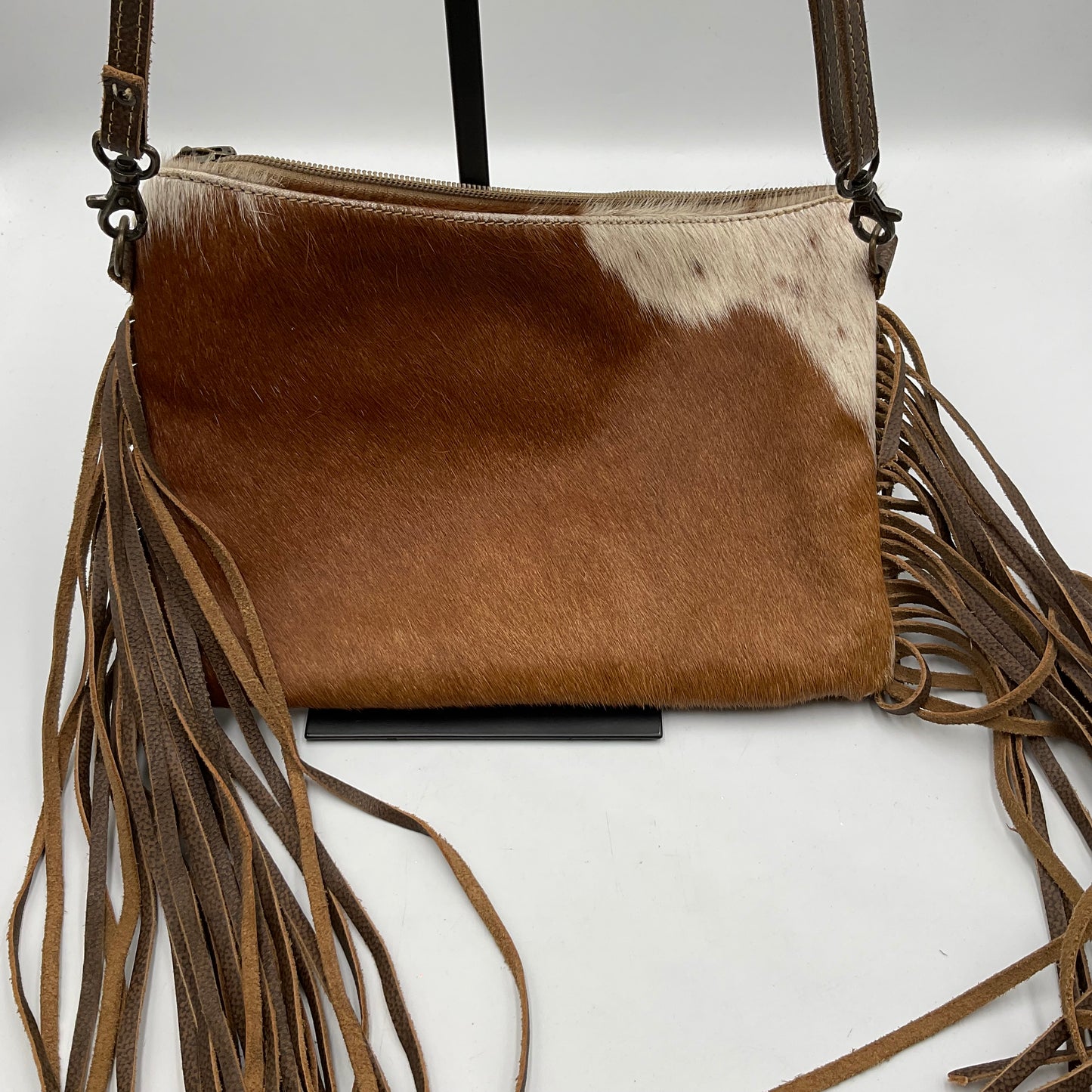Myra Bag Cowhide White and Brown over the Shoulder Crossbody Purse.