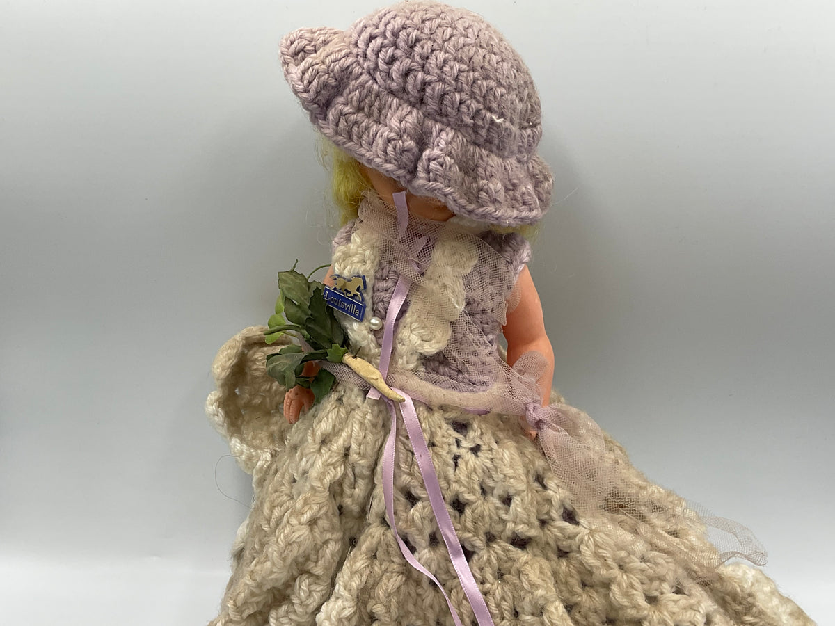 Vintage Doll Lavender Hand Crochet Victorian Dress Hat Handmade Outfit