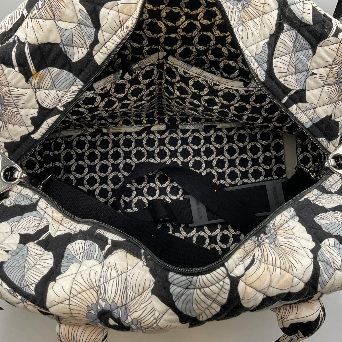 Vera Bradley Large Duffel Bag Black With White/Tan Flowers