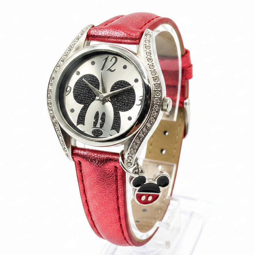 Disney Mickey Mouse Silvertone Rhinestone Glitter Red Watch New Battery