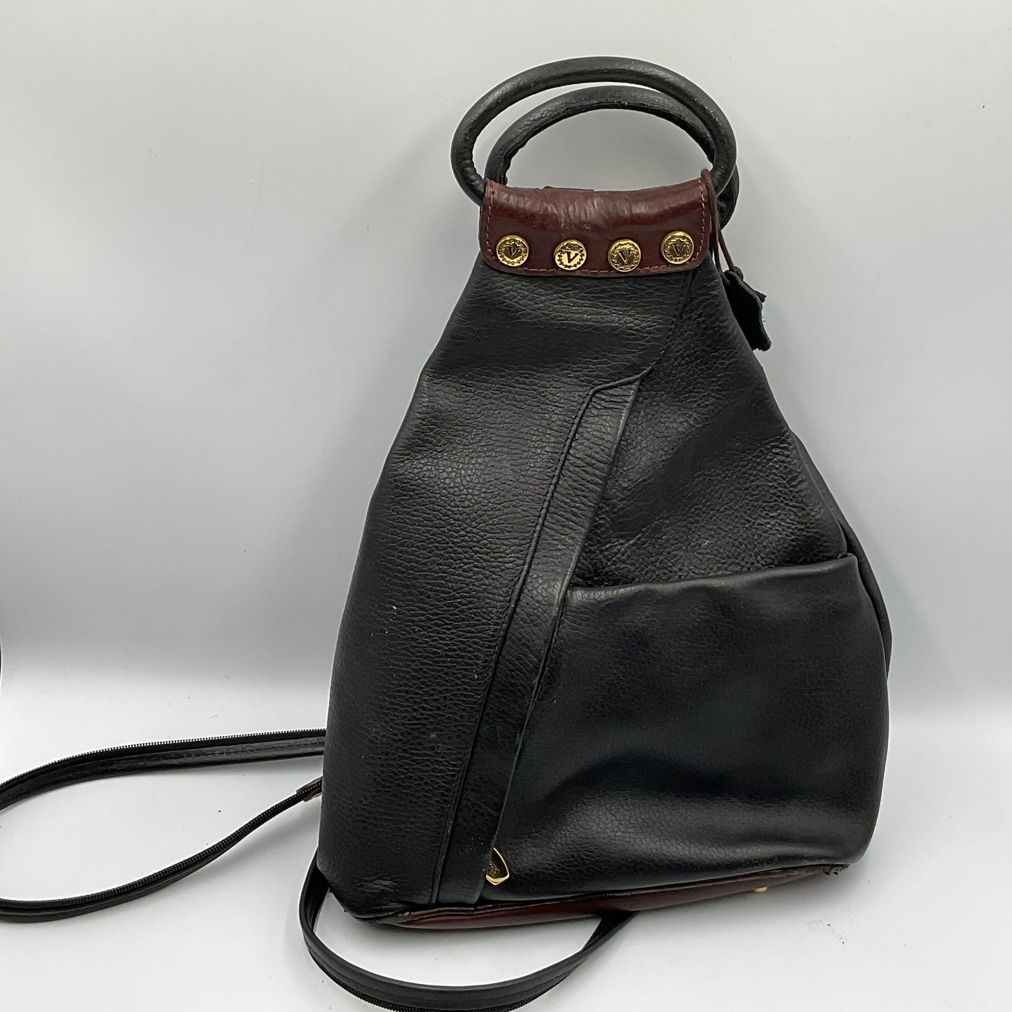 Vintage Valentina Italian Leather Convertible  Sling Backpack Purse Black