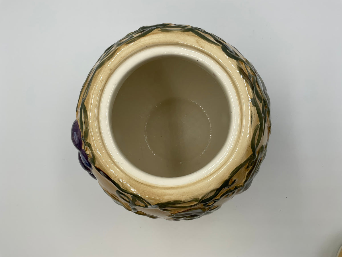 Meritage Ceramic Grape Vine Covered Canister Jar Raised Fruit Design