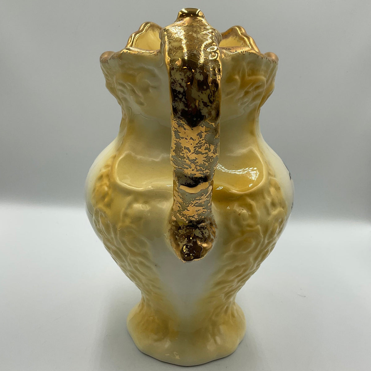 Vintage Yellow Porcelain Pitcher Vase with Goldtone Trim