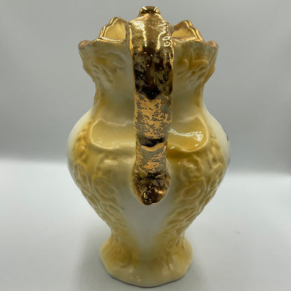 Vintage Yellow Porcelain Pitcher Vase with Goldtone Trim