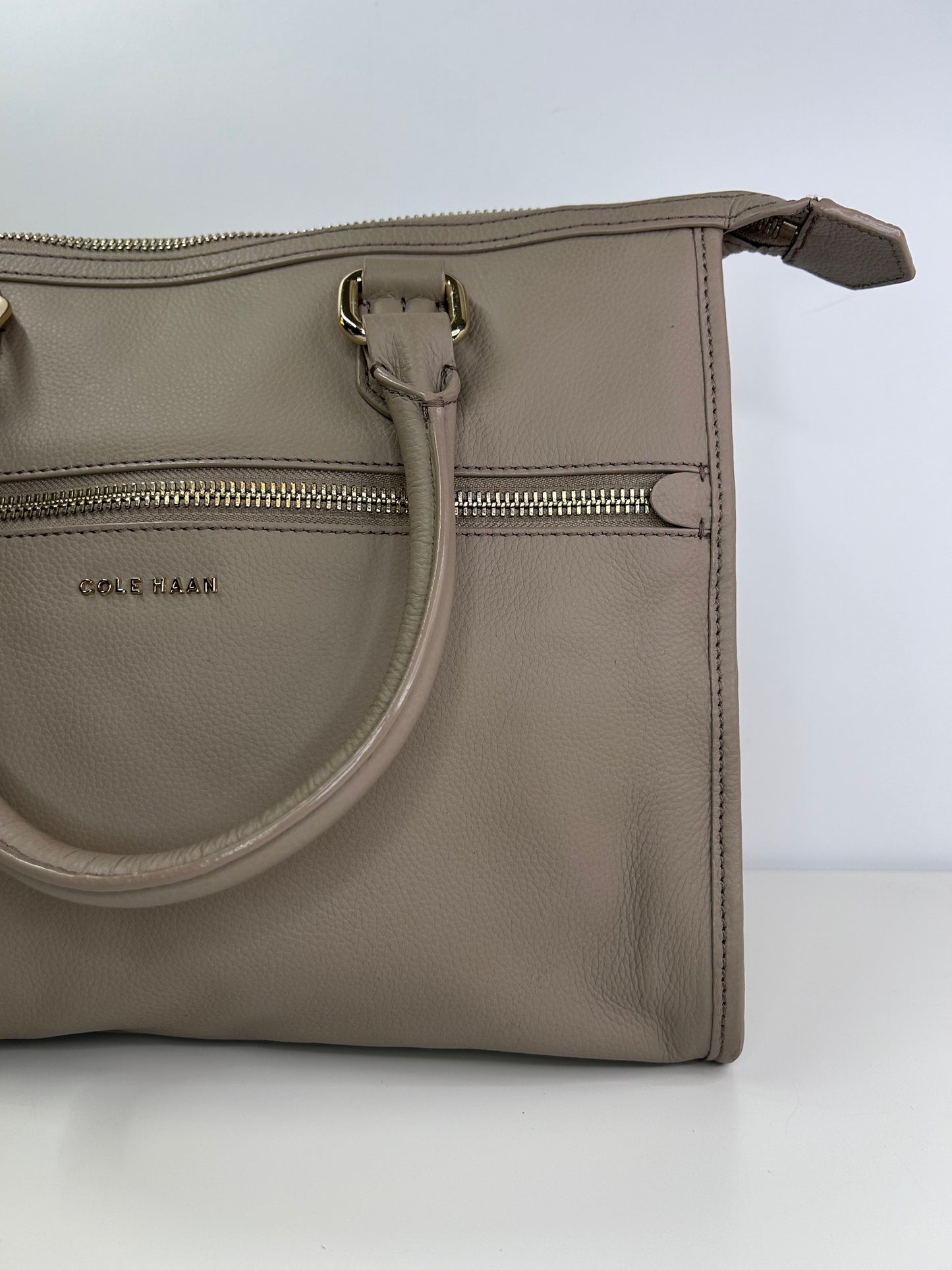 Cole Haan Taupe Light Grey Leather Tote Bag Handbag Good Condition