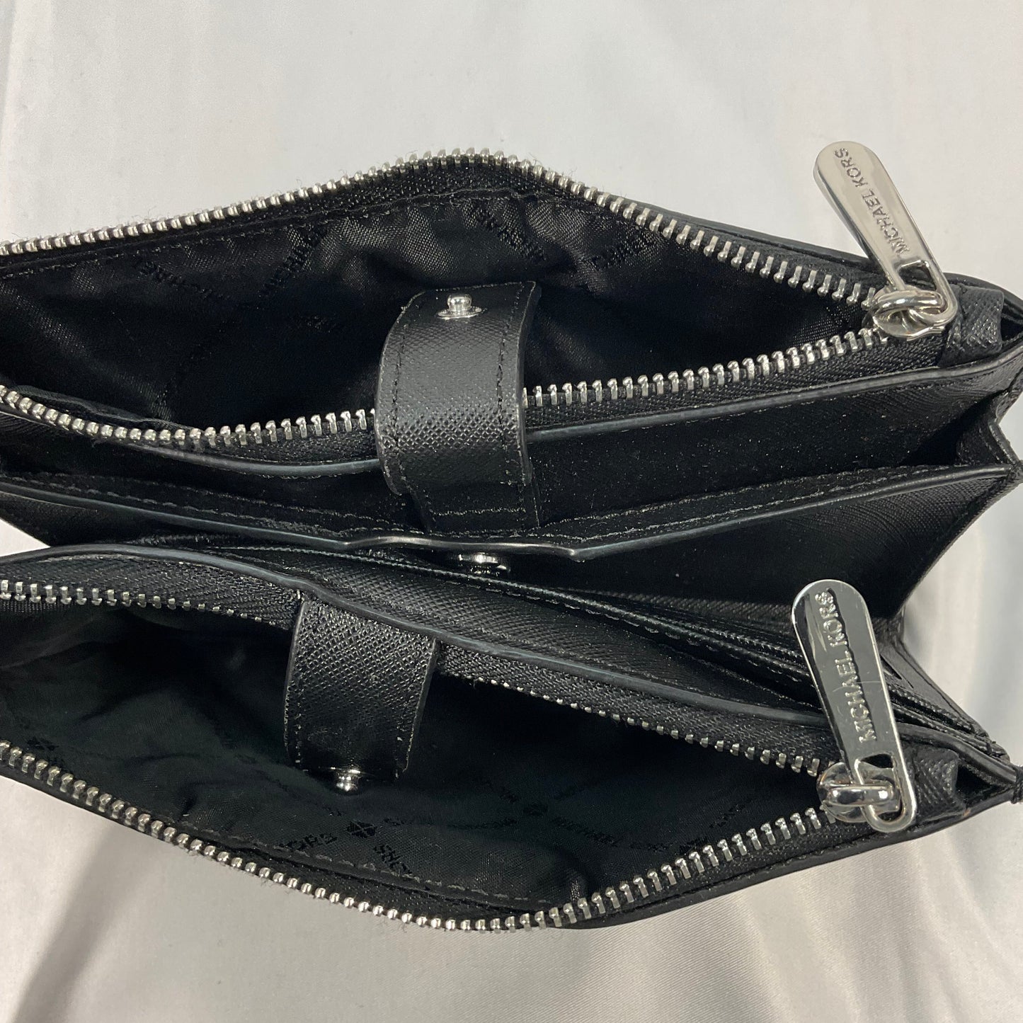 Michael Kors Signature Logo Double Sided Black Leather Zipper Clutch Wallet Carrier