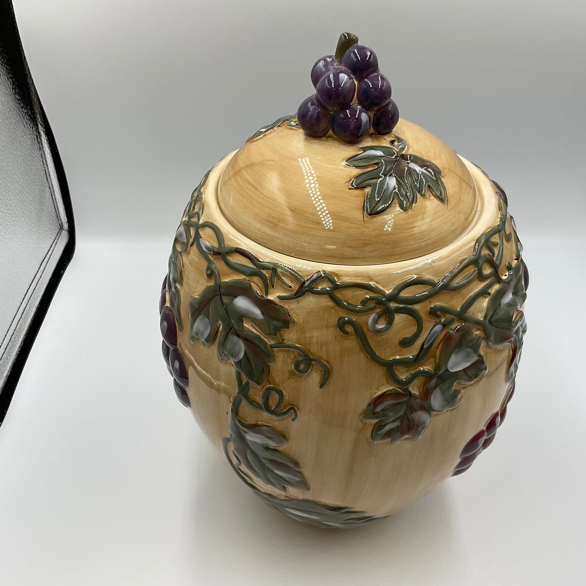 Meritage Ceramic Grape Vine Covered Canister Jar Raised Fruit Design