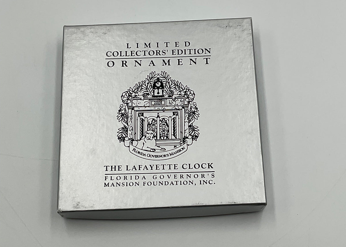 2008 Florida Governor's Mansion Ornament The Lafayette Clock 24K Gold Box Stand