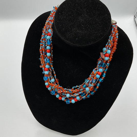 Red Blue Long Beaded Necklace