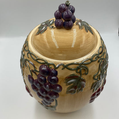 Meritage Ceramic Grape Vine Covered Canister Jar Raised Fruit Design