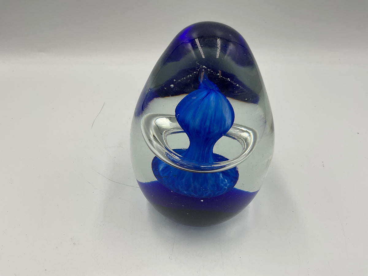 Bohemia Style Cobalt Blue Art Glass Egg Paperweight Clear Swirl