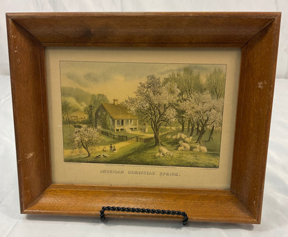 American Homestead Spring Wooden Frame Currier Ives Reproduction 7 7/8"x12 3/8"