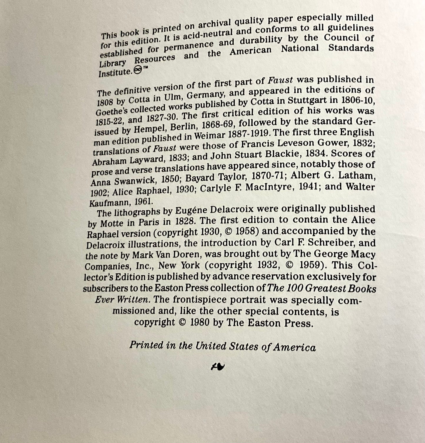 Faust by Johann Wolfgang Von Goethe Vintage 1980 The Easton Press 100 Greatest Books Ever Written Leather Bound Collector's Edition