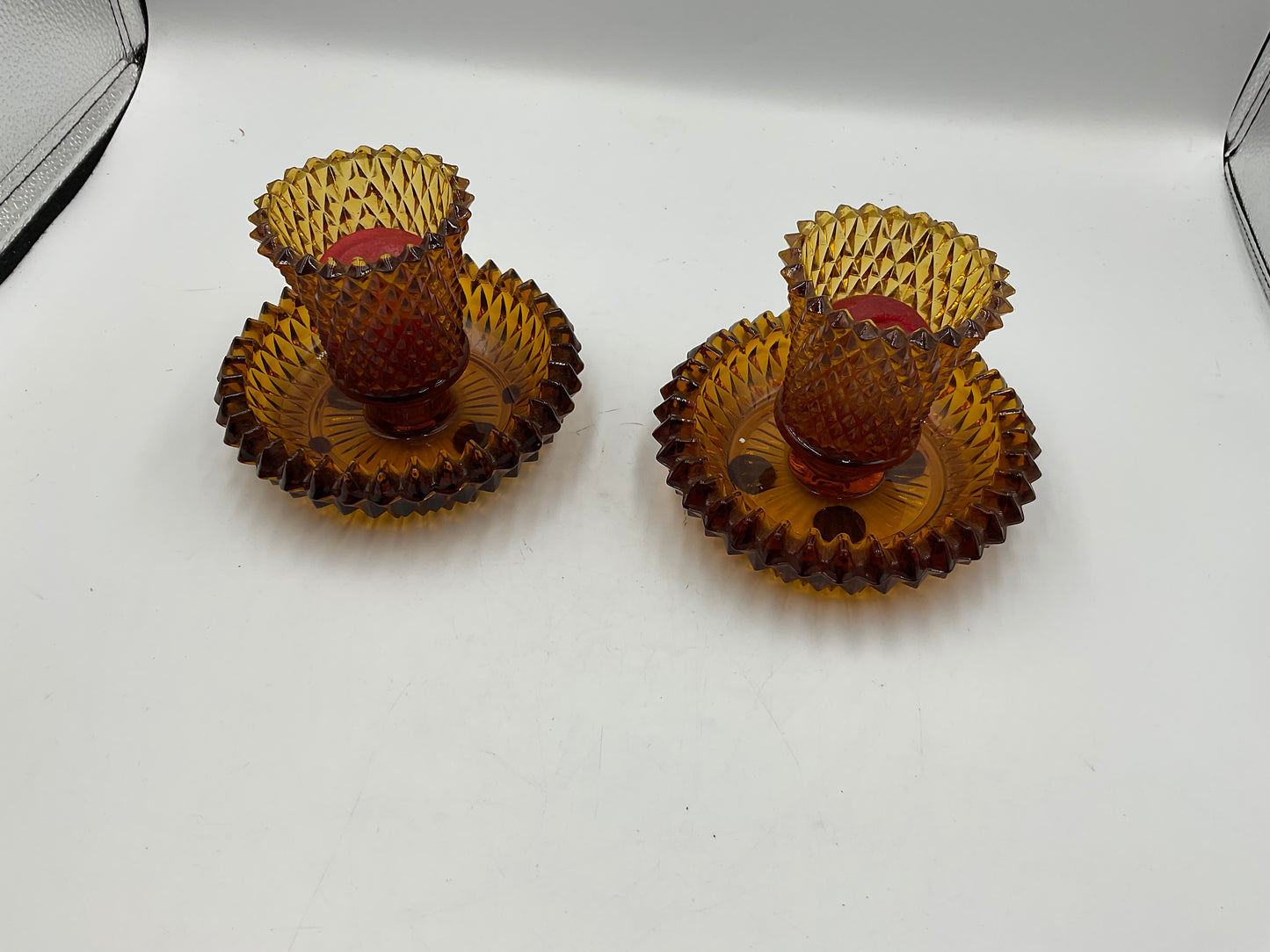 Set of 2 Vintage Diamond Cut Amber Glass Candle Holders