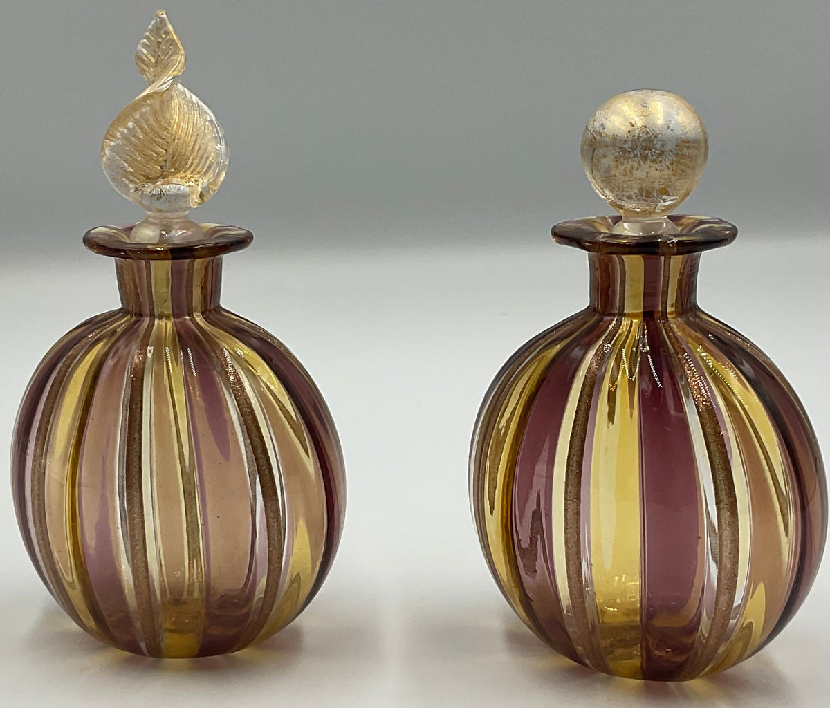 Murano Style Striped Art Glass Bottles Gold Aventurine Stoppers Set of 2