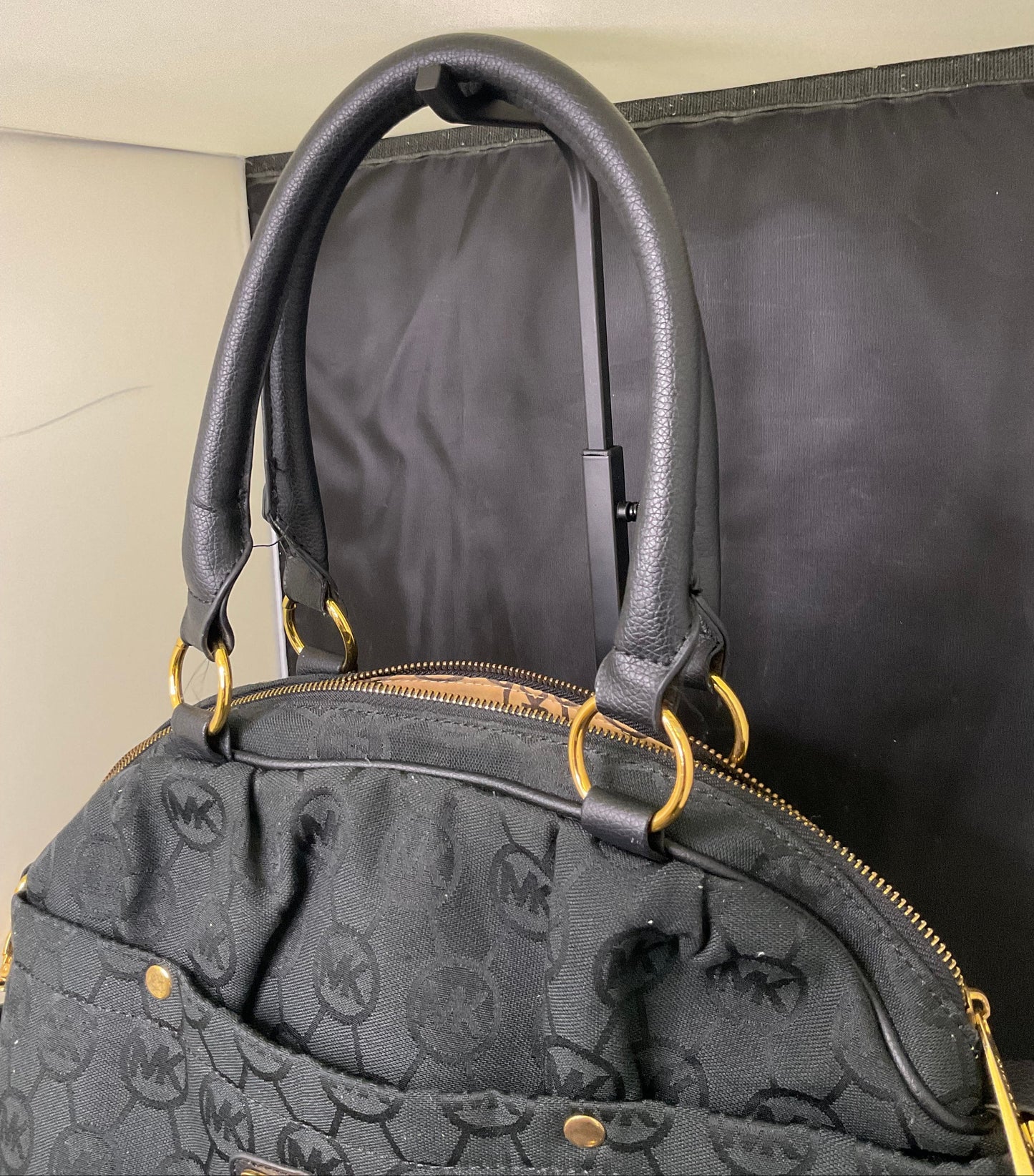 Michael Kors Jet Set Black Monogram Satchel Goldtone Hardware