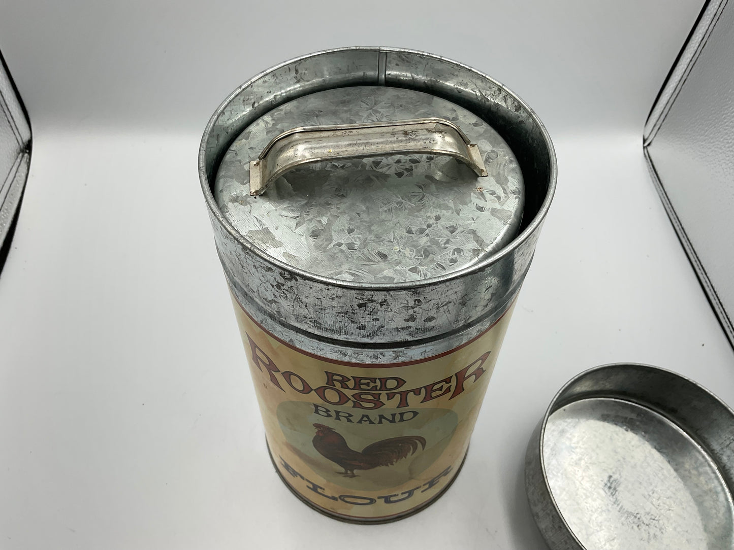 RED ROOSTER Vintage Tin Canister Nesting 4 Cans, Flour Sugar Coffee Tea